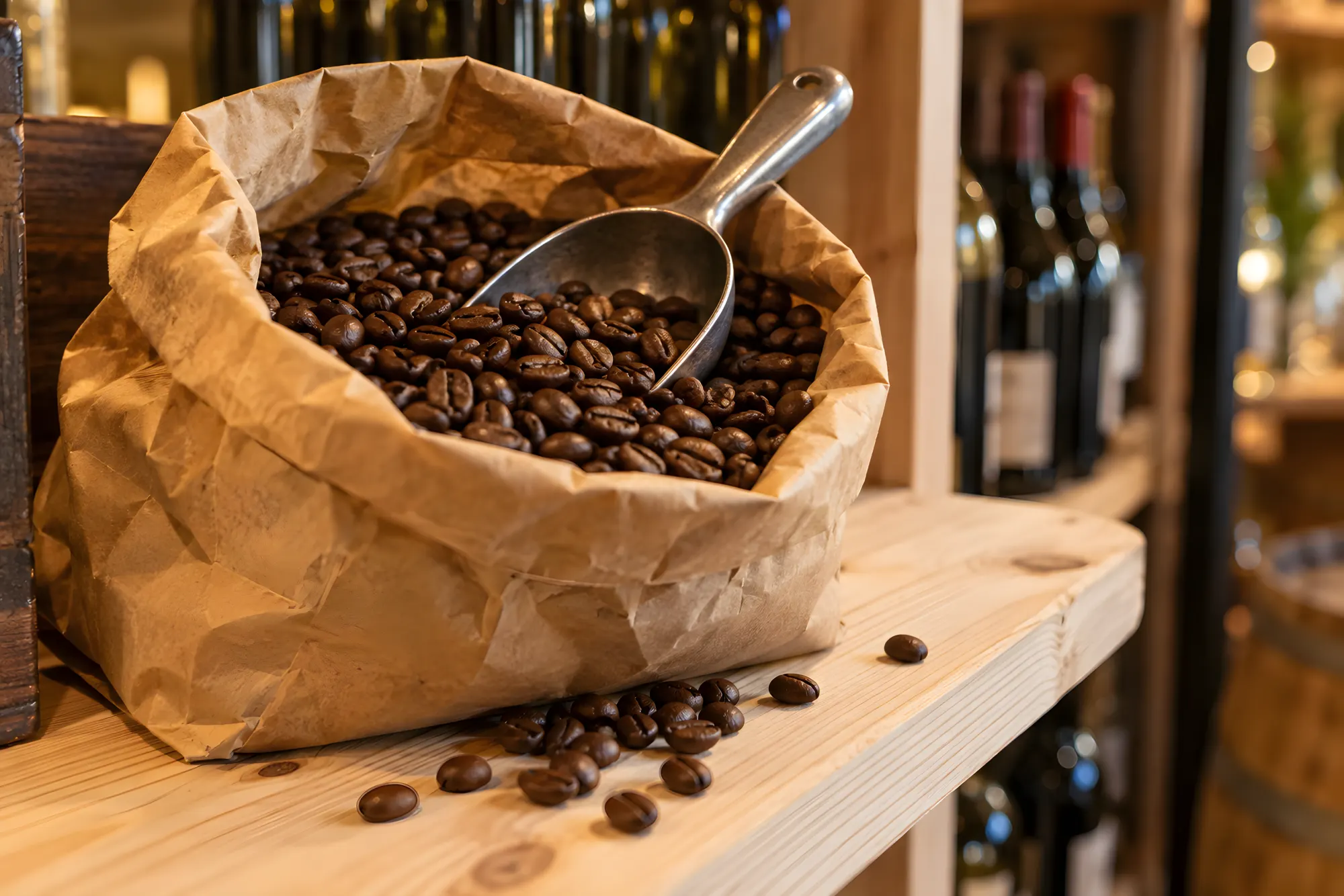 Geröstete Kaffeebohnen in einer offenen Papiertüte mit kleiner Schaufel auf einem hellen Regalbrett