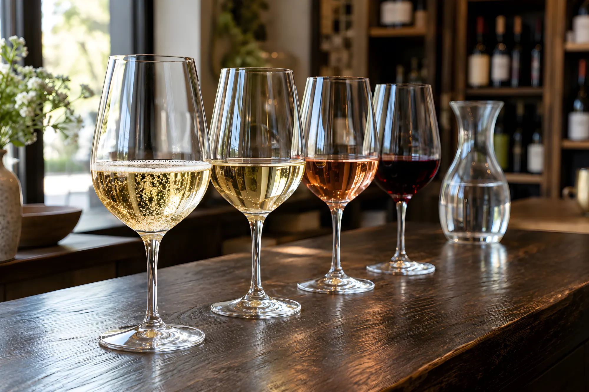 Vier Weingläser in einer Reihe auf einer dunklen Eichentheke: Sekt, Weißwein, Rosé und Rotwein, dahinter eine Wasserkaraffe